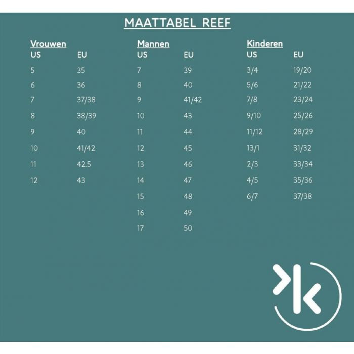 Reef slippers 2025 maattabel