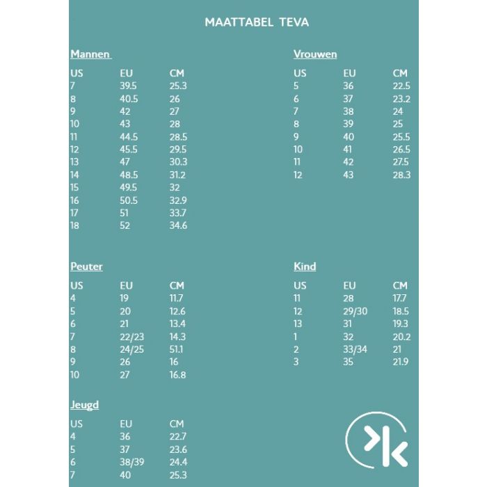 Maattabel teva kind clearance
